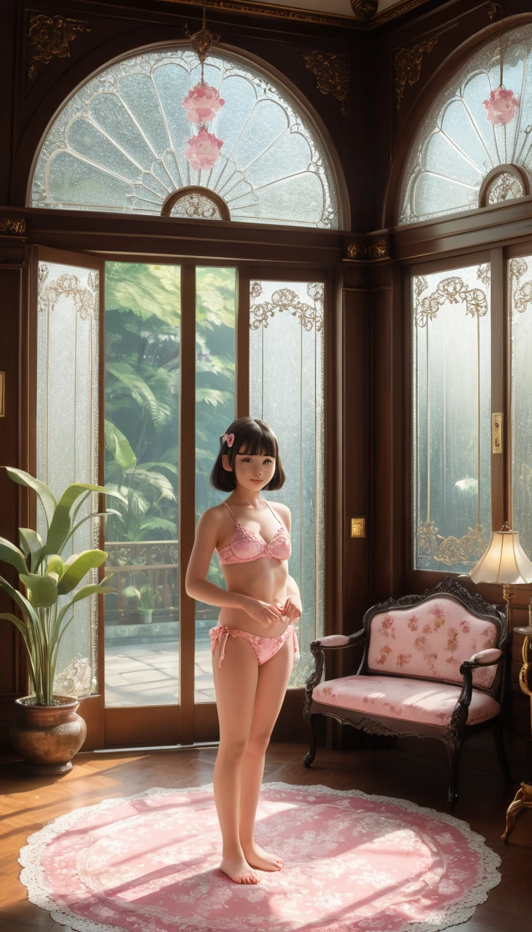 빅토리아풍 실내의 크리스털 비키니 애니메이션 고양이