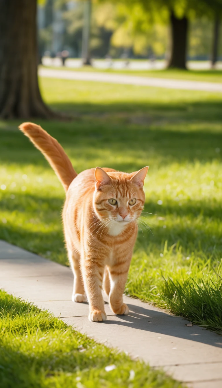 Gato atigrado naranja caminando por un parque verde y soleado