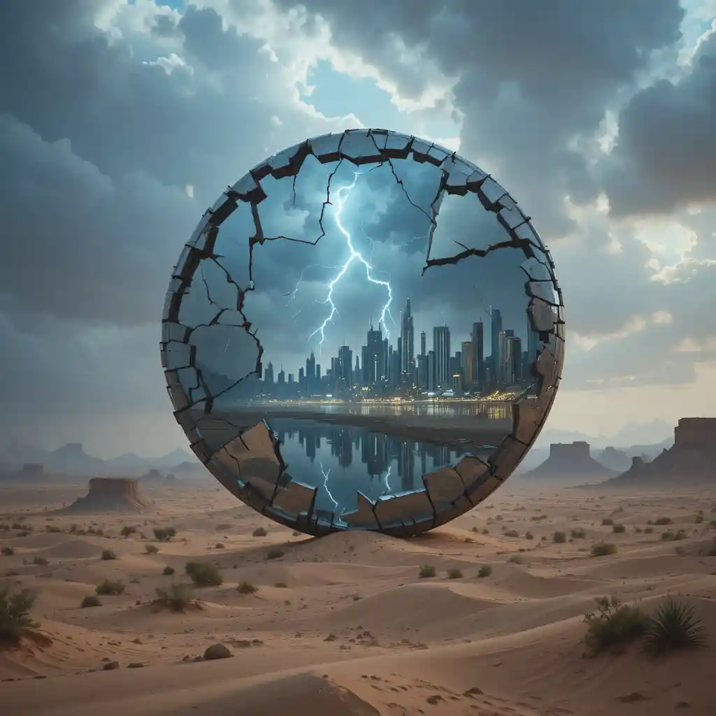 Giant Floating Desert Mirror Reflecting Futuristic Cityscape