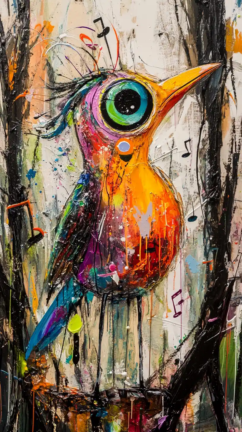 Surreal bird conductor in colorful abstract symphony painting