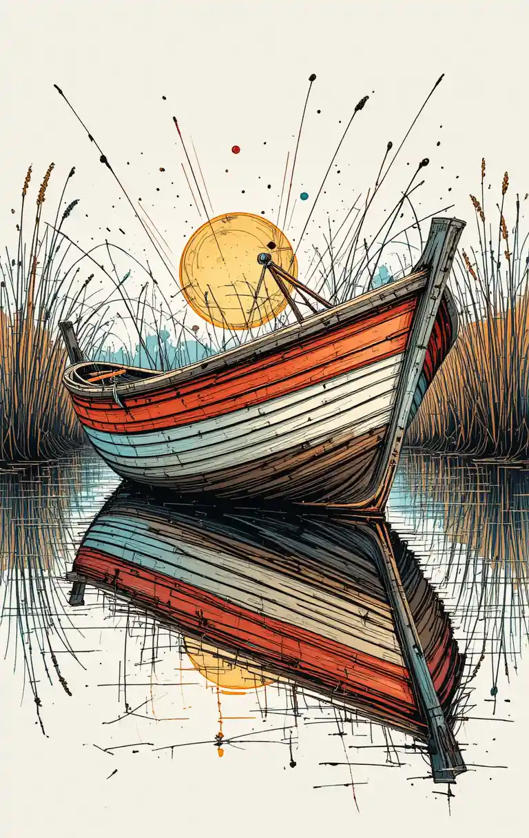 Expressive line art of an old fishing boat in marsh water