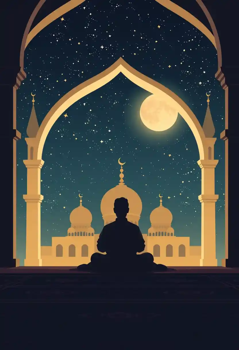 Figura contemplativa bajo el cielo nocturno de una mezquita iluminado por la luna