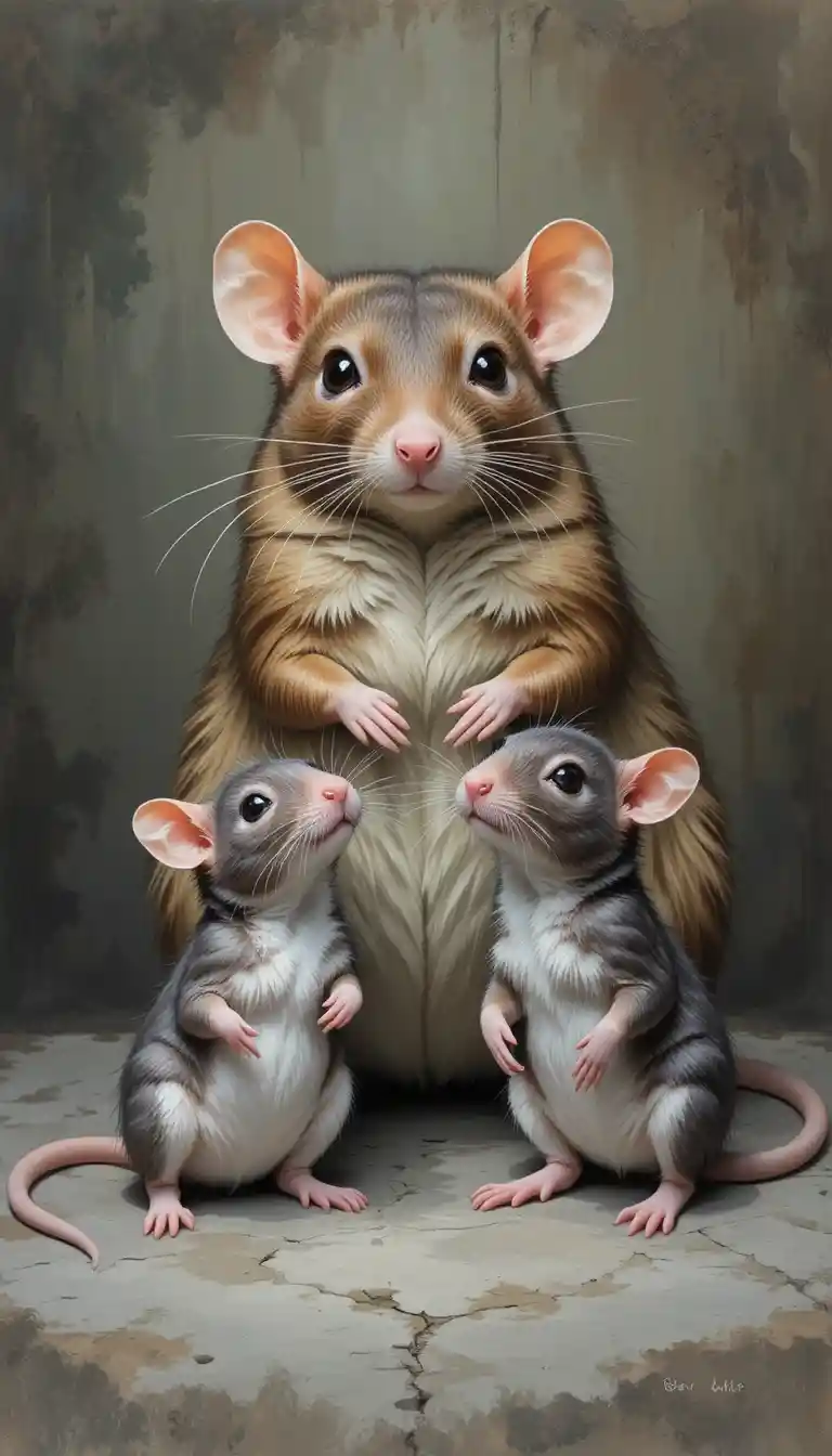 Rat Family Portrait With Mother And Two Baby Rats