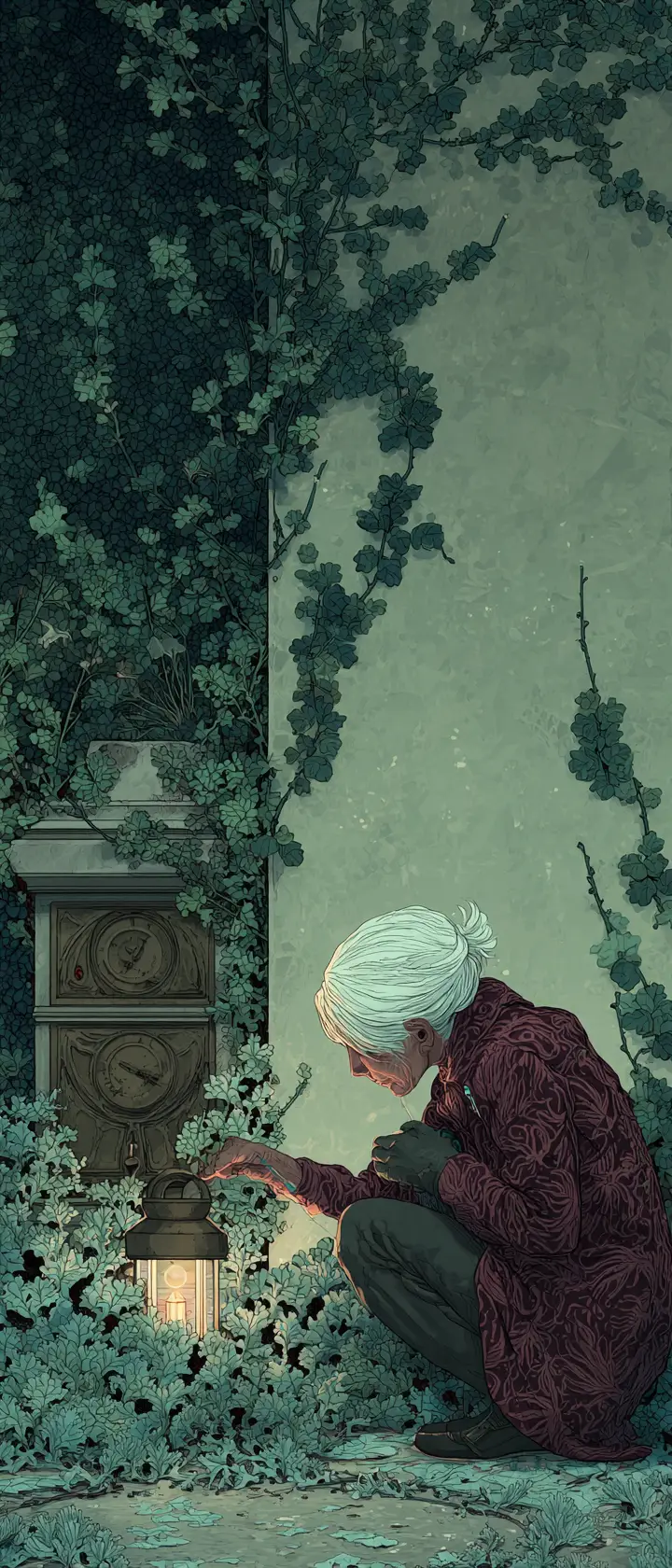 Elderly woman tending a brass sundial at twilight