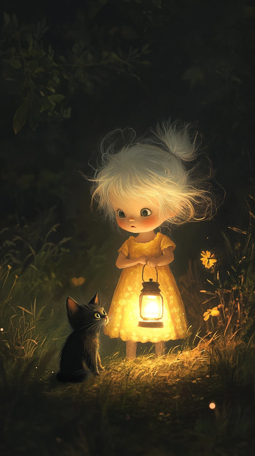 Niño con Linterna y Gatito en Campo Oscuro y Cubierto de Maleza