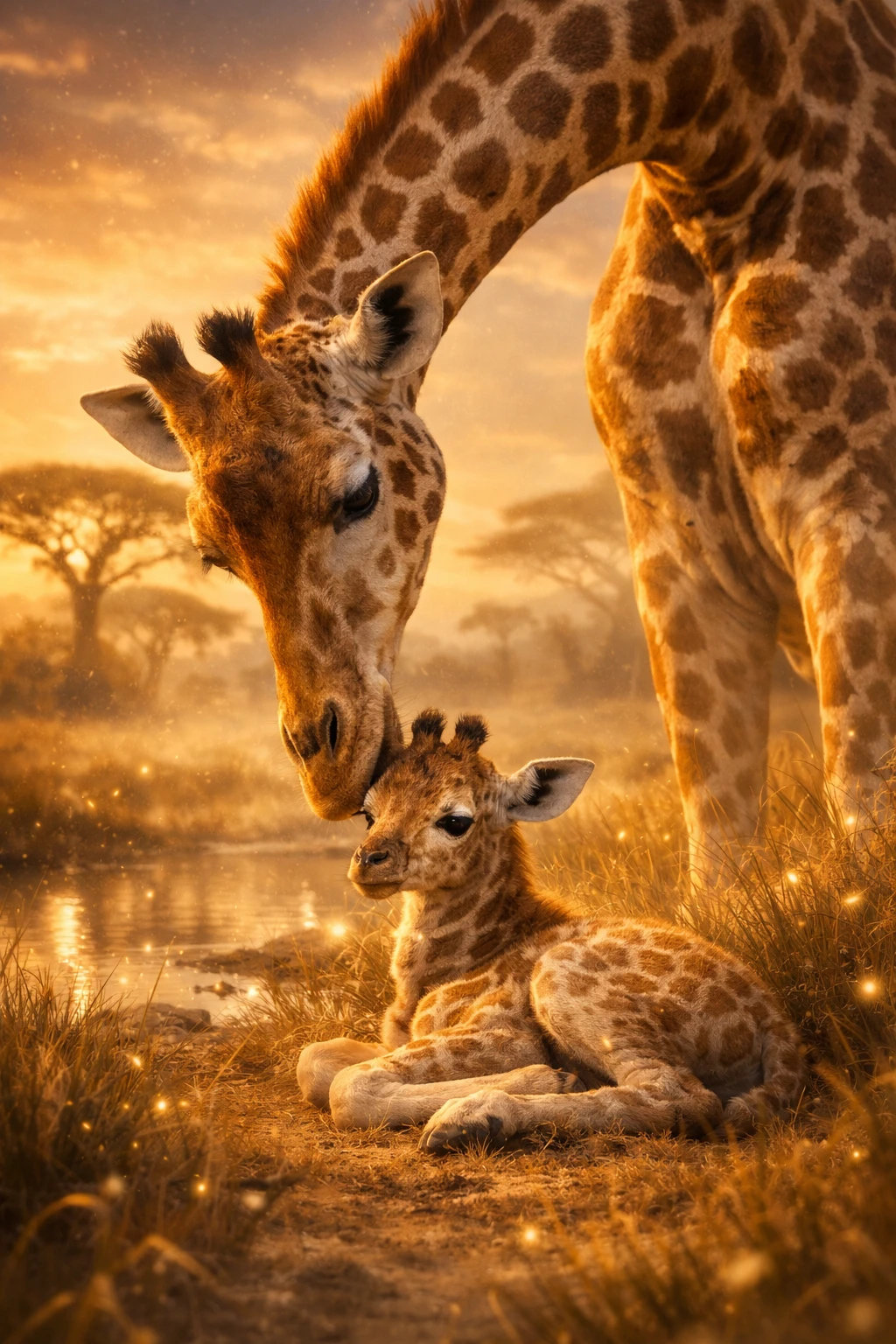 Newborn giraffe resting beside protective mother at sunset savanna