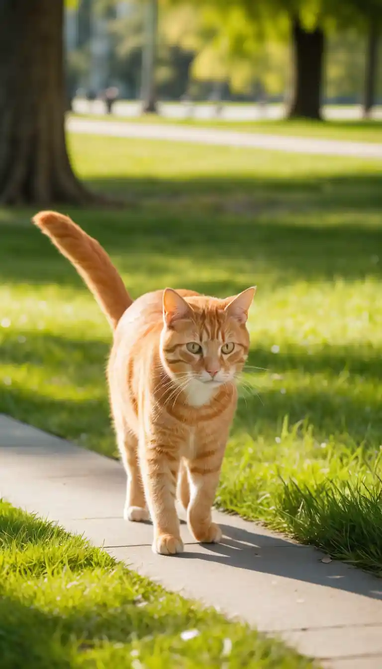 Orange tabby cat walking through a sunny green park