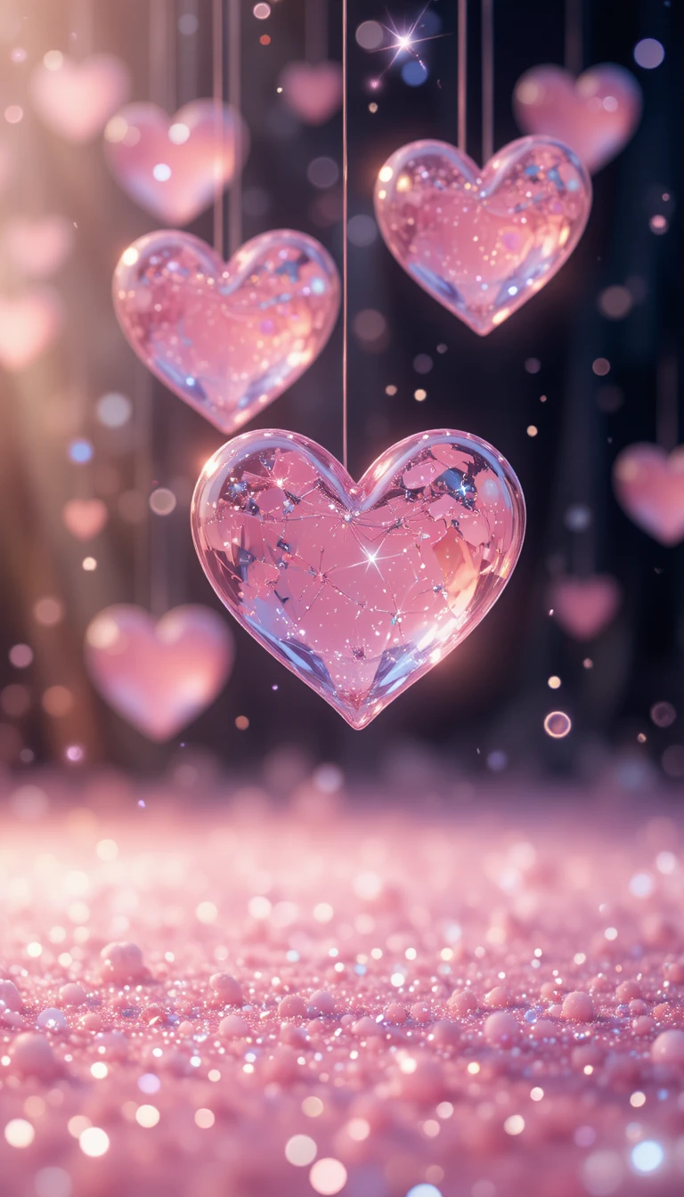 Floating glass hearts glowing above a sparkling dreamscape