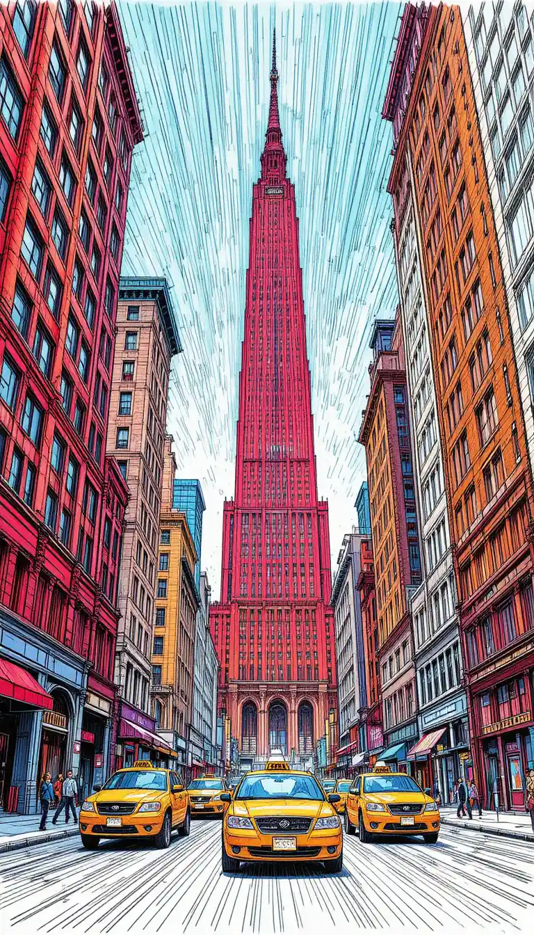 Vibrant line art city canyon with red tower and taxis