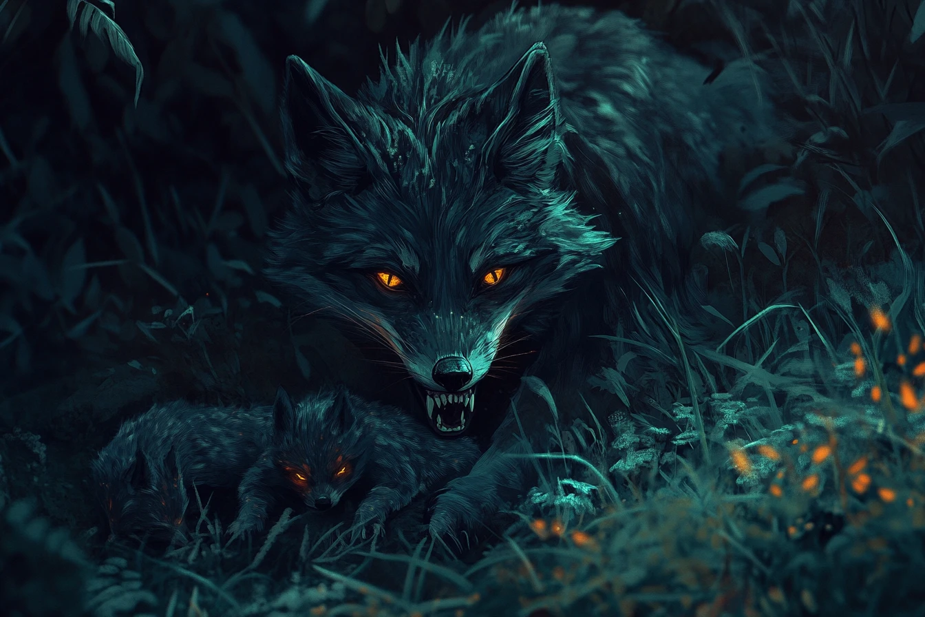 Bioluminescent Fox Mother Guarding Her Young At Night