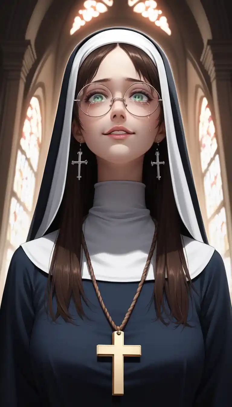 Crying anime nun in a dim school hallway