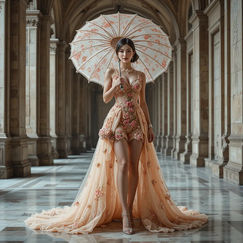 Mujer romántica con vestido de alta costura color durazno y parasol