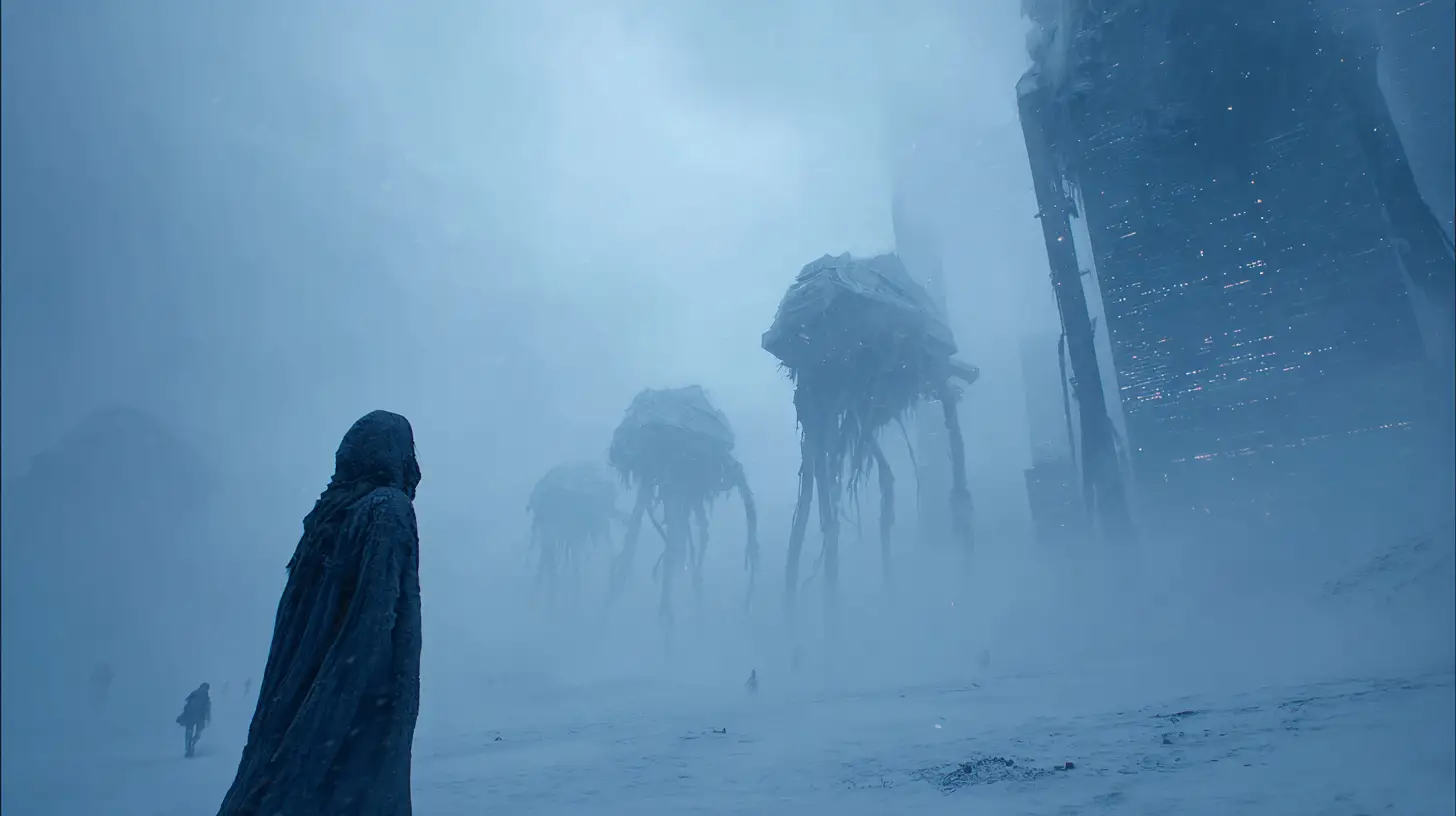 Lone hooded woman on a desolate snow covered alien world