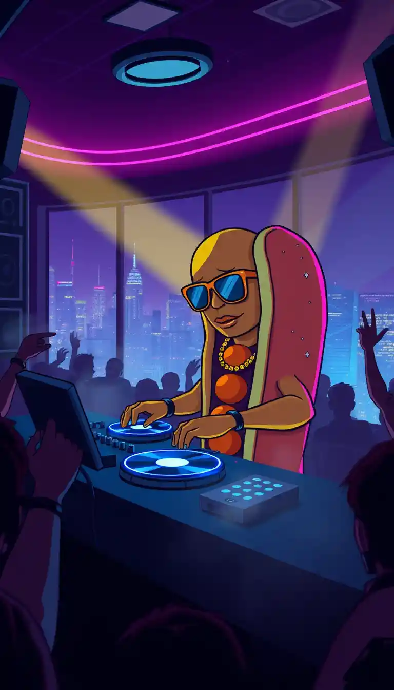 Cartoon hot dog dj in neon nightclub with city view