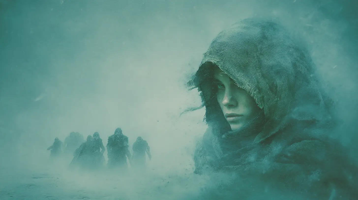 Lone hooded woman on a desolate snow covered alien world