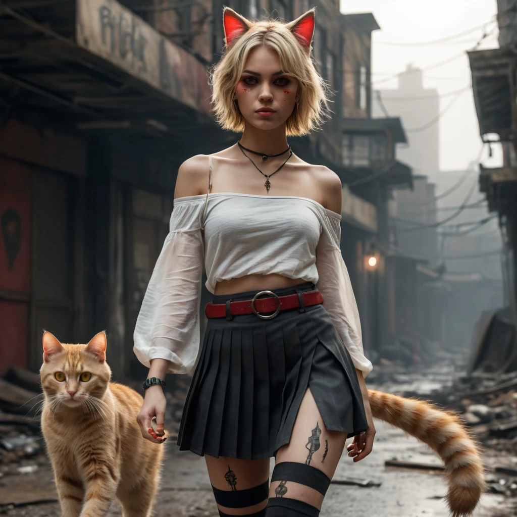 Cat girl walking through foggy post apocalyptic city streets