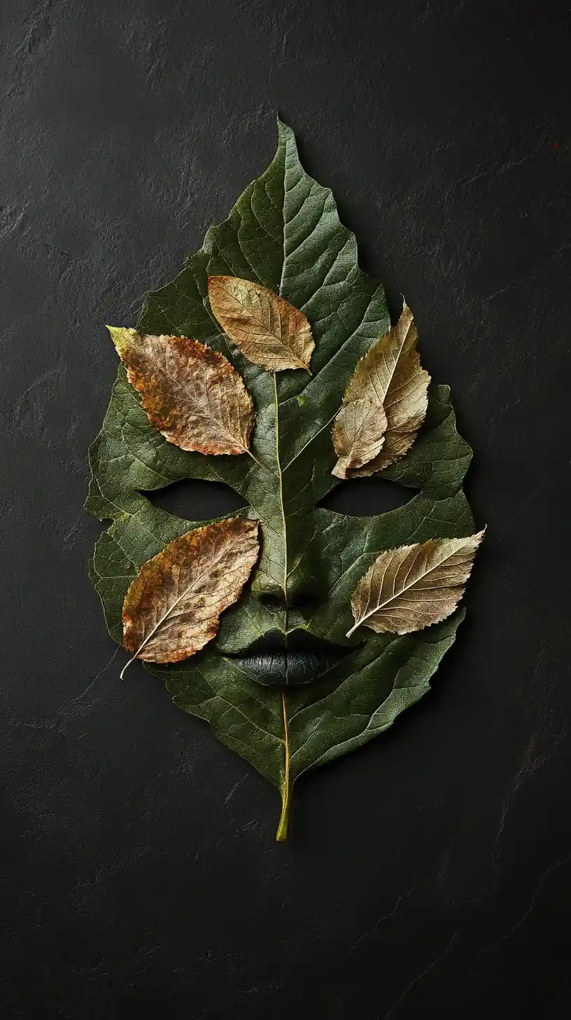 Retrato Surreal de Rosto de Folha em Fundo Preto