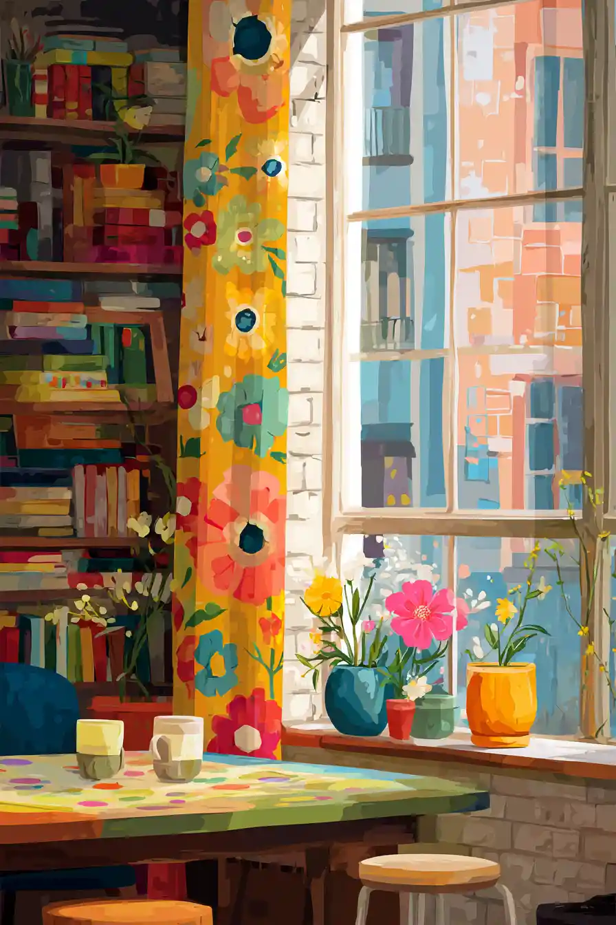 Intérieur de loft folk art chaleureux avec grande fenêtre lumineuse