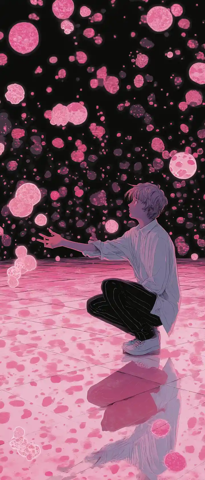 Homem de anime ajoelhado em sala espelhada rosa com poás