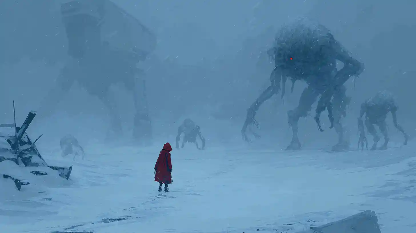 Lone hooded woman on a desolate snow covered alien world