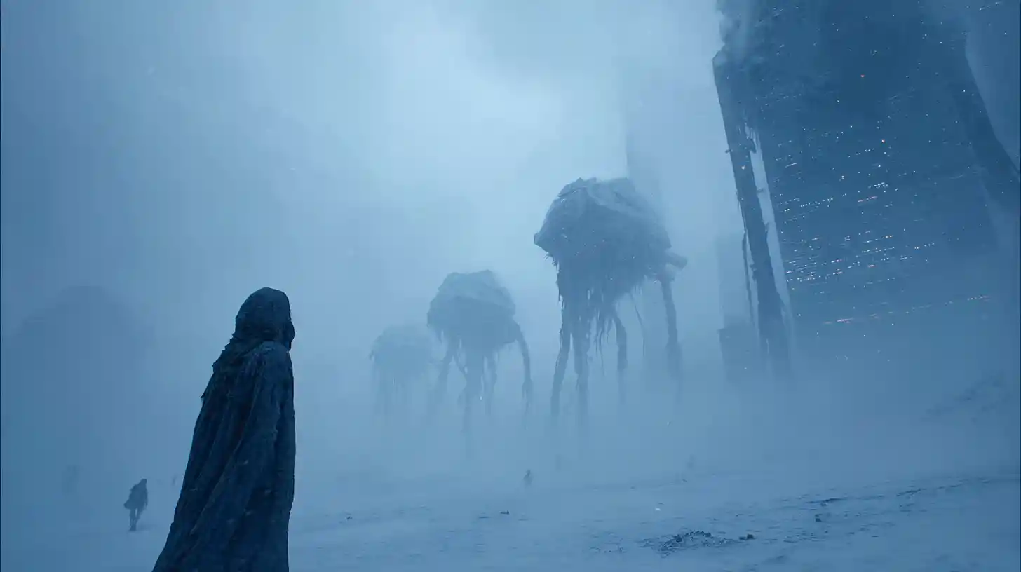 Lone hooded woman on a desolate snow covered alien world