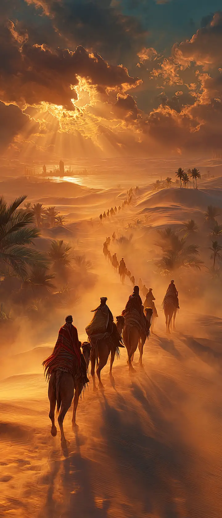 Camel caravan crossing a golden desert at sunset