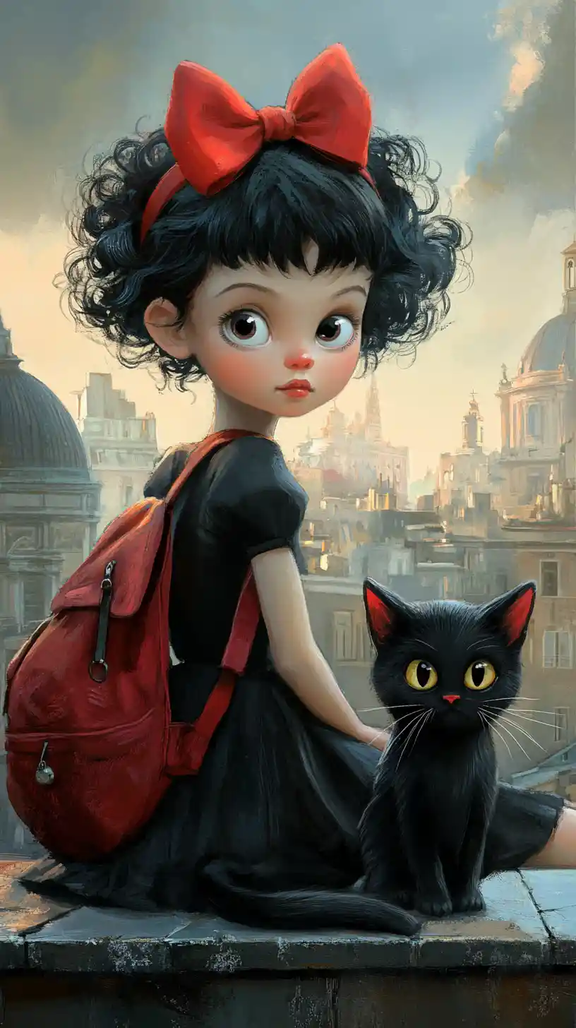 Mädchen mit rotem Rucksack und Katze auf einem Stadtdach