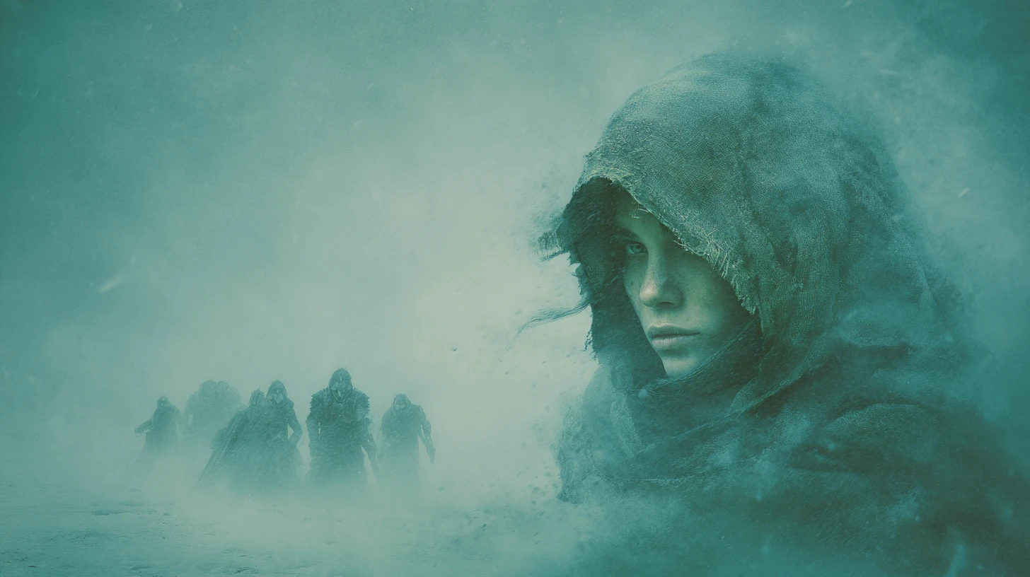 Lone hooded woman on a desolate snow covered alien world