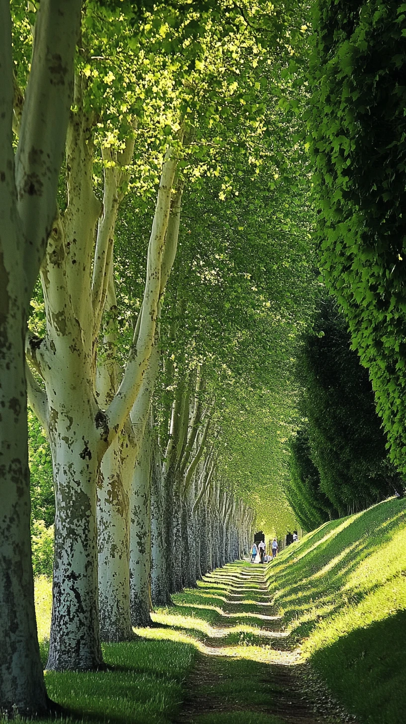 Sunlit tree lined avenue with people walking beneath