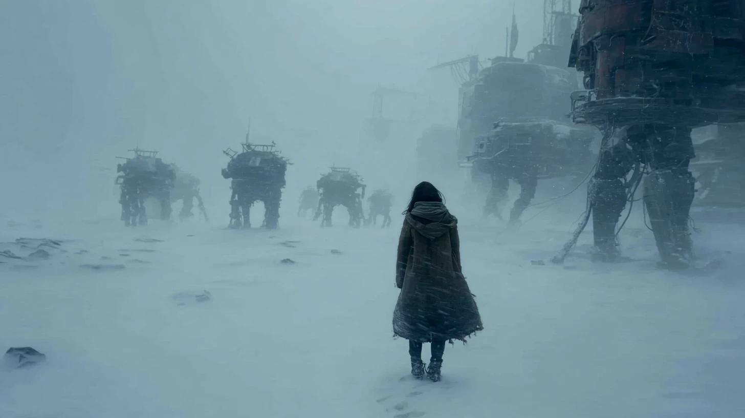Lone Hooded Woman On Desolate Snow Covered Planet