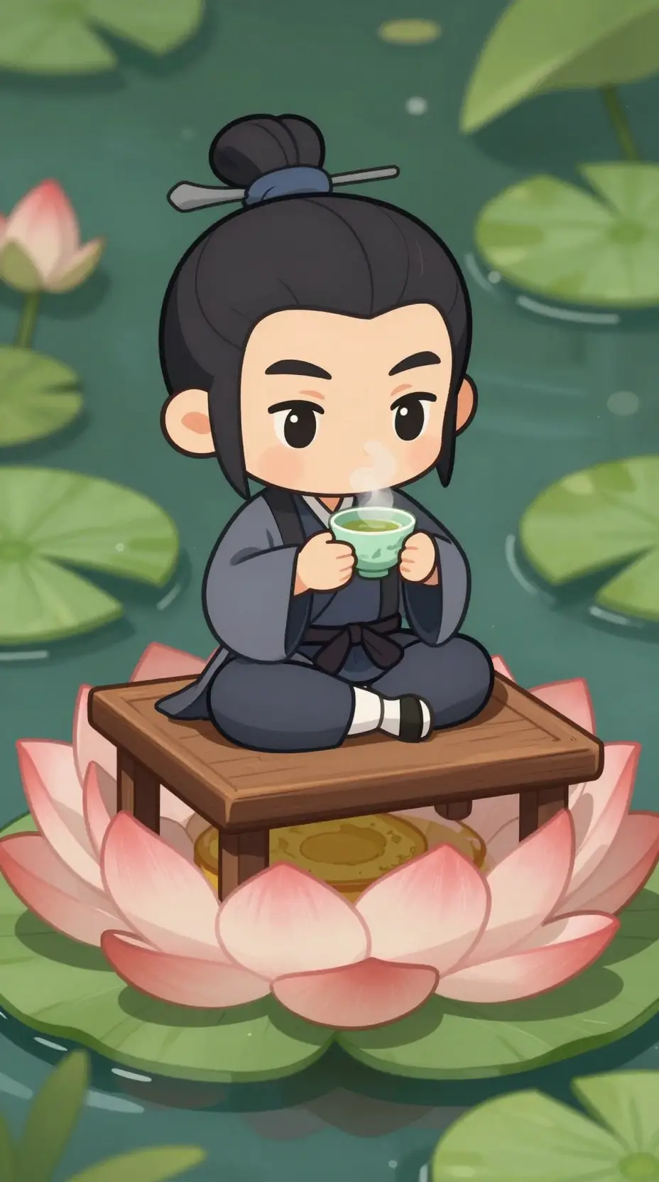 Chibi samurai drinking tea on a giant water lily