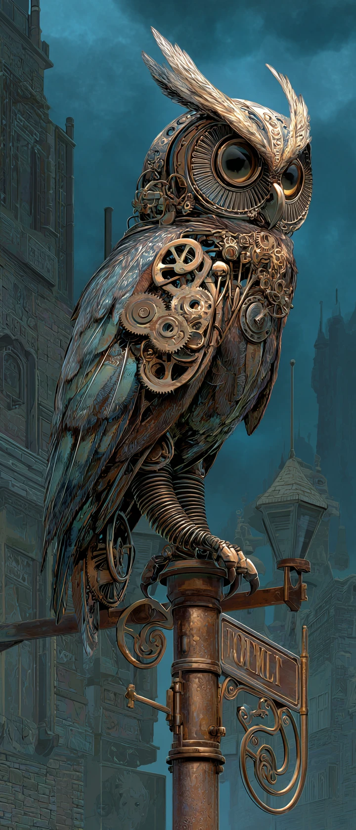 Búho steampunk mecánico posado sobre una señal de calle