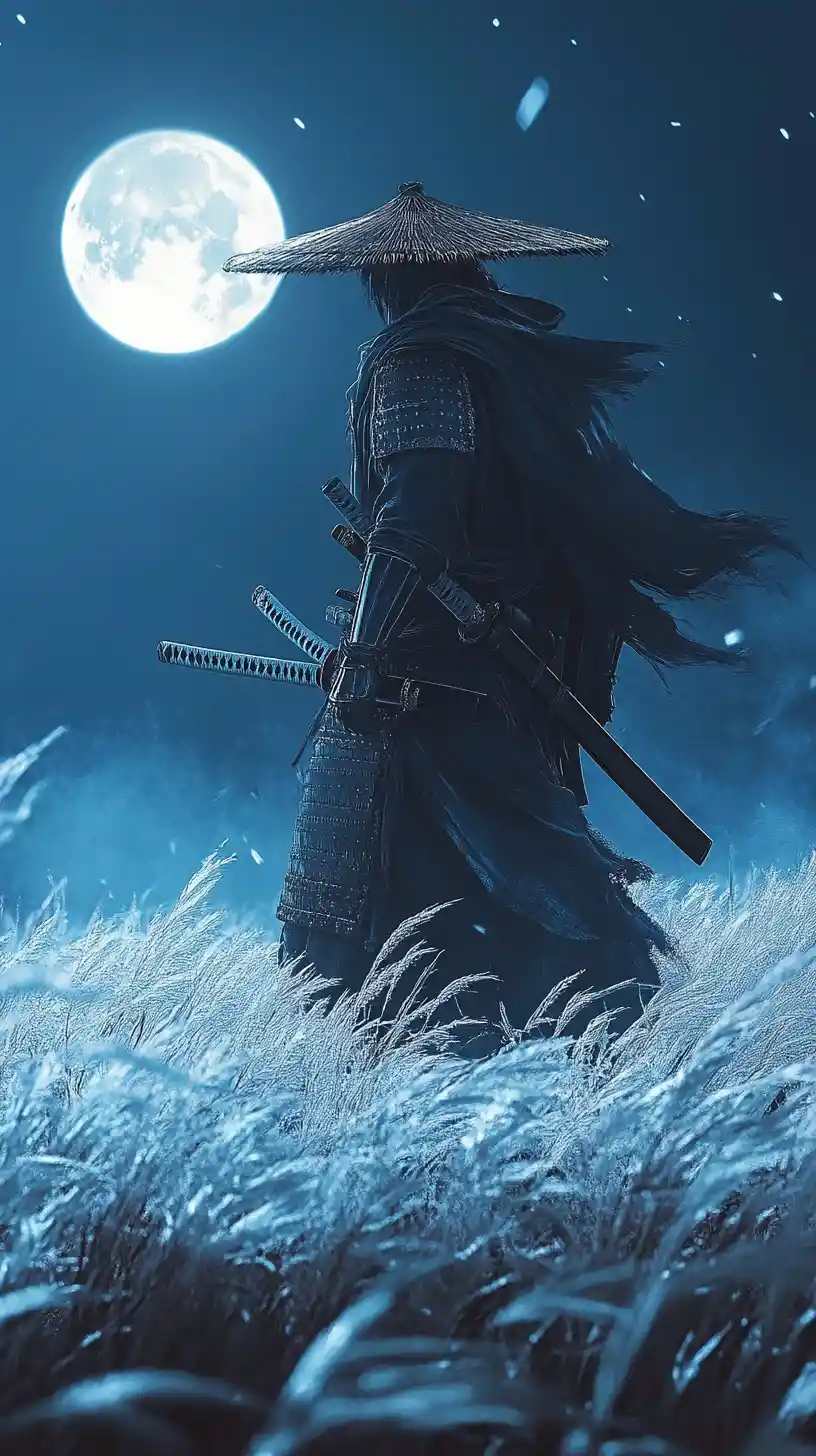 Samurai solitario nell’erba d’argento sotto un cielo notturno nebbioso