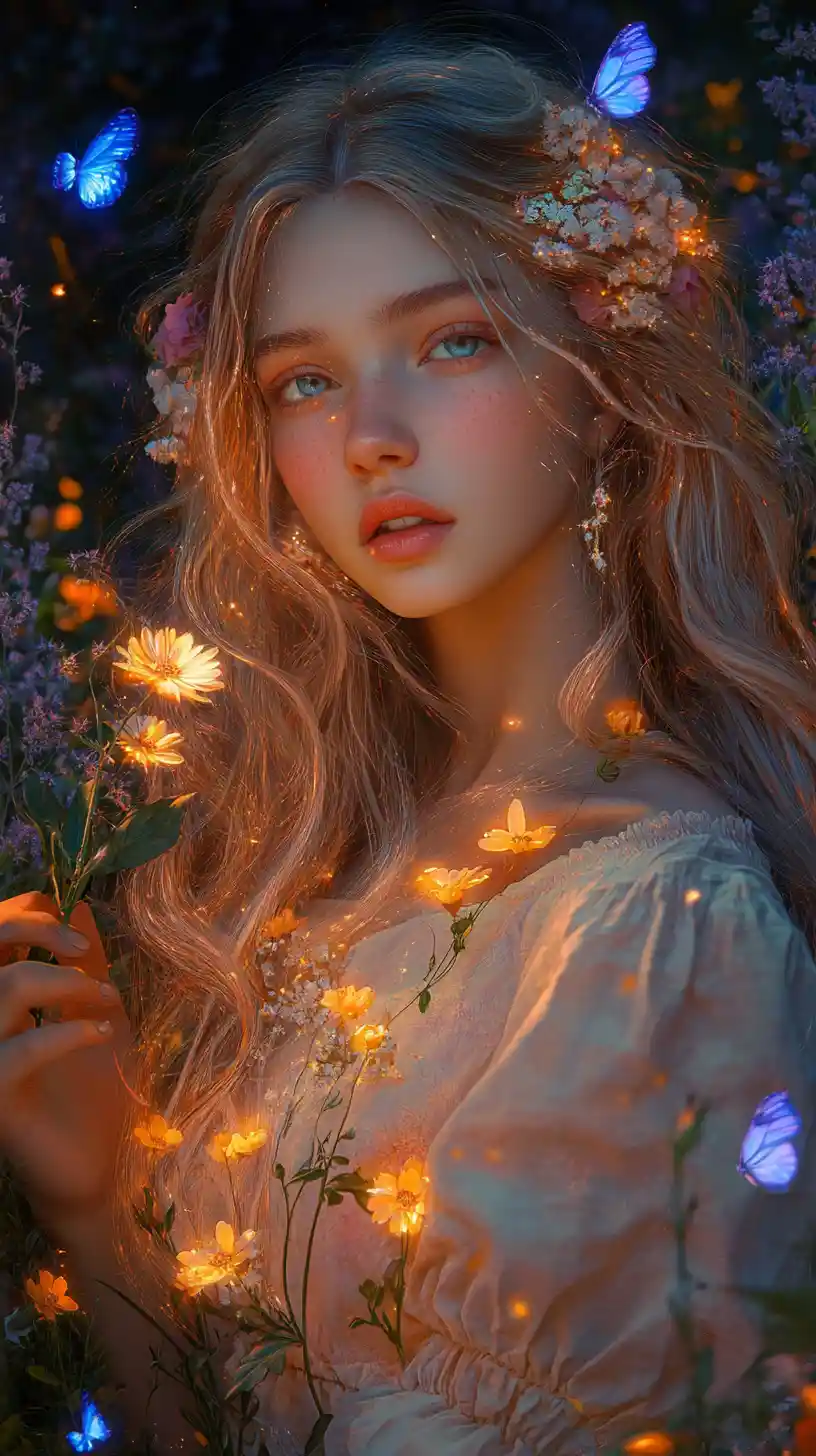Jeune femme avec des fleurs lumineuses dans une forêt magique