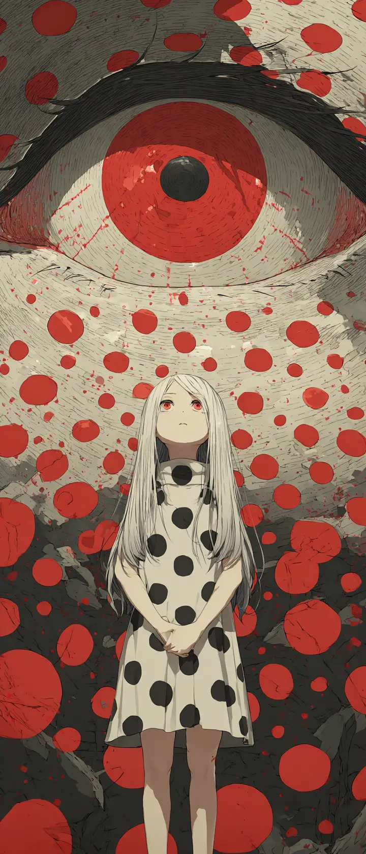 Anime woman in endless polka dot field of sorrow