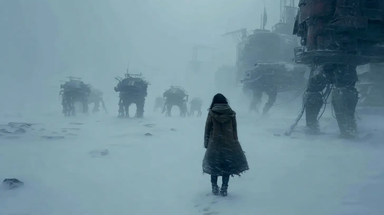 Lone Hooded Woman On Desolate Snow Covered Planet