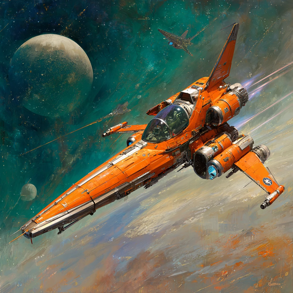 Futuristic attack fighter spaceship racing through deep space