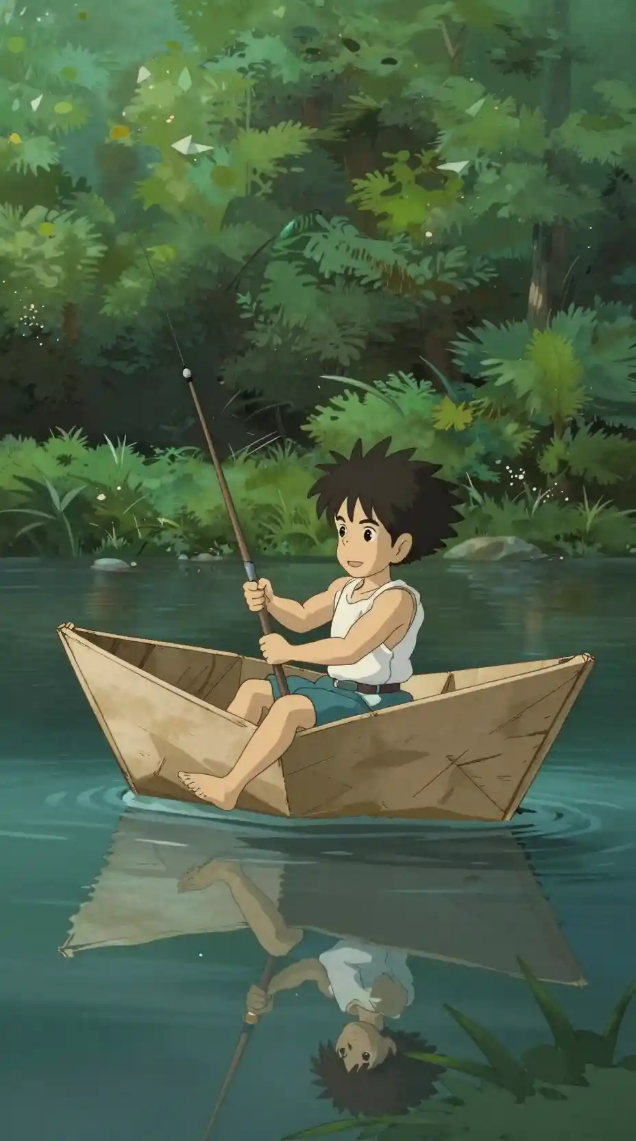 Niño pescando desde un barco de papel en un lago del bosque