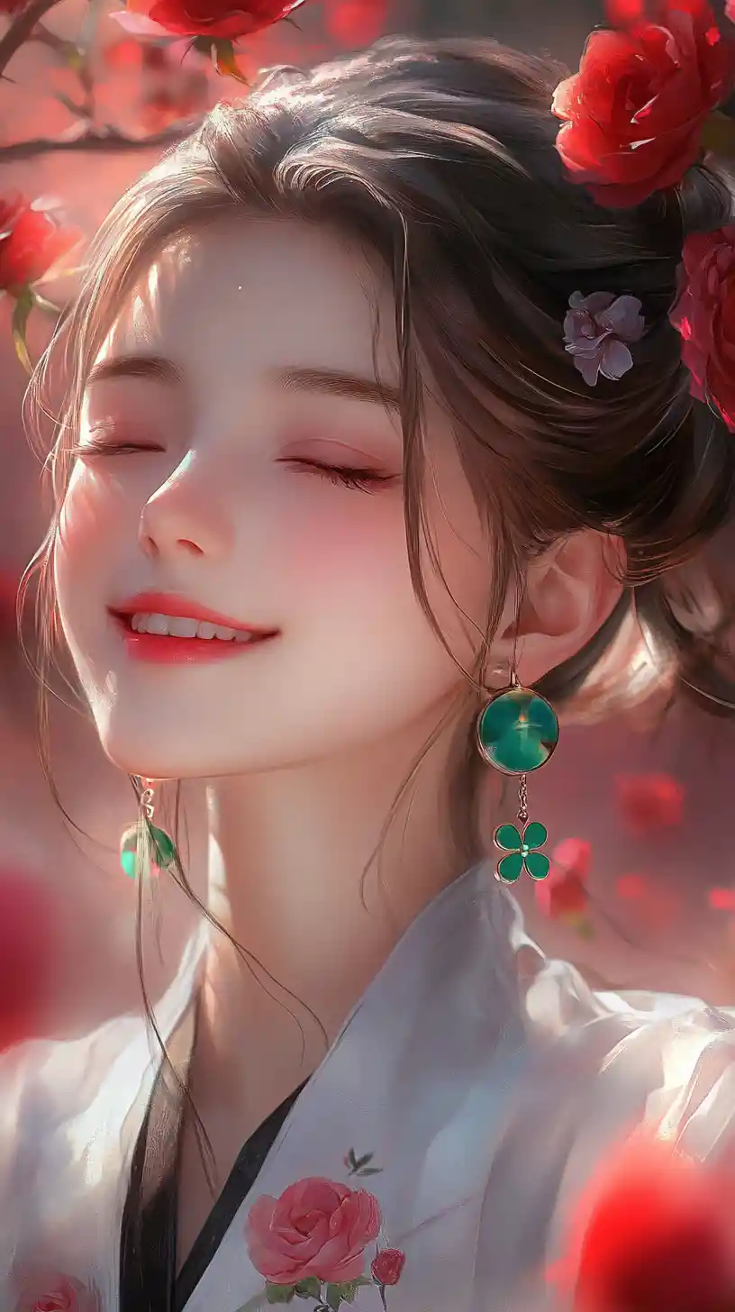 Smiling young girl with roses in her hair