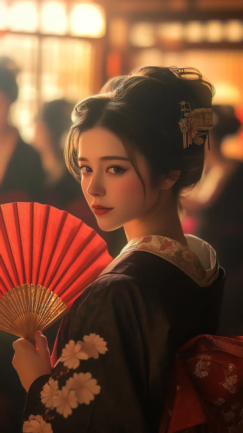 Japanese woman in kimono with red fan in dim interior
