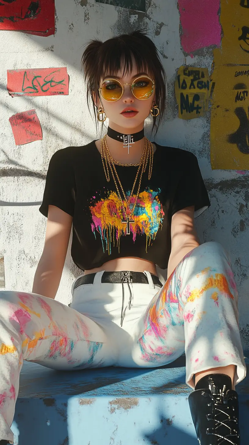 Stylish woman sitting by graffiti wall in bright sunlight