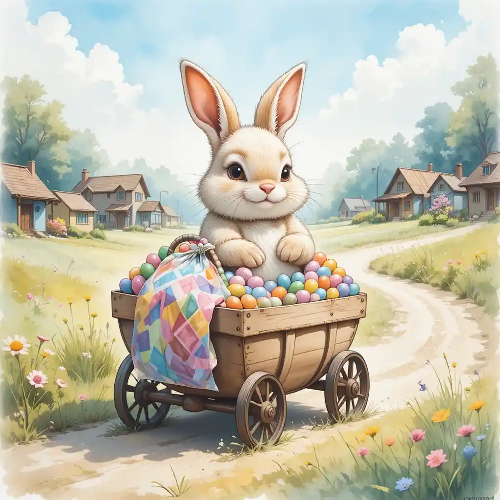 Cute rabbit in an easter egg wagon near a village