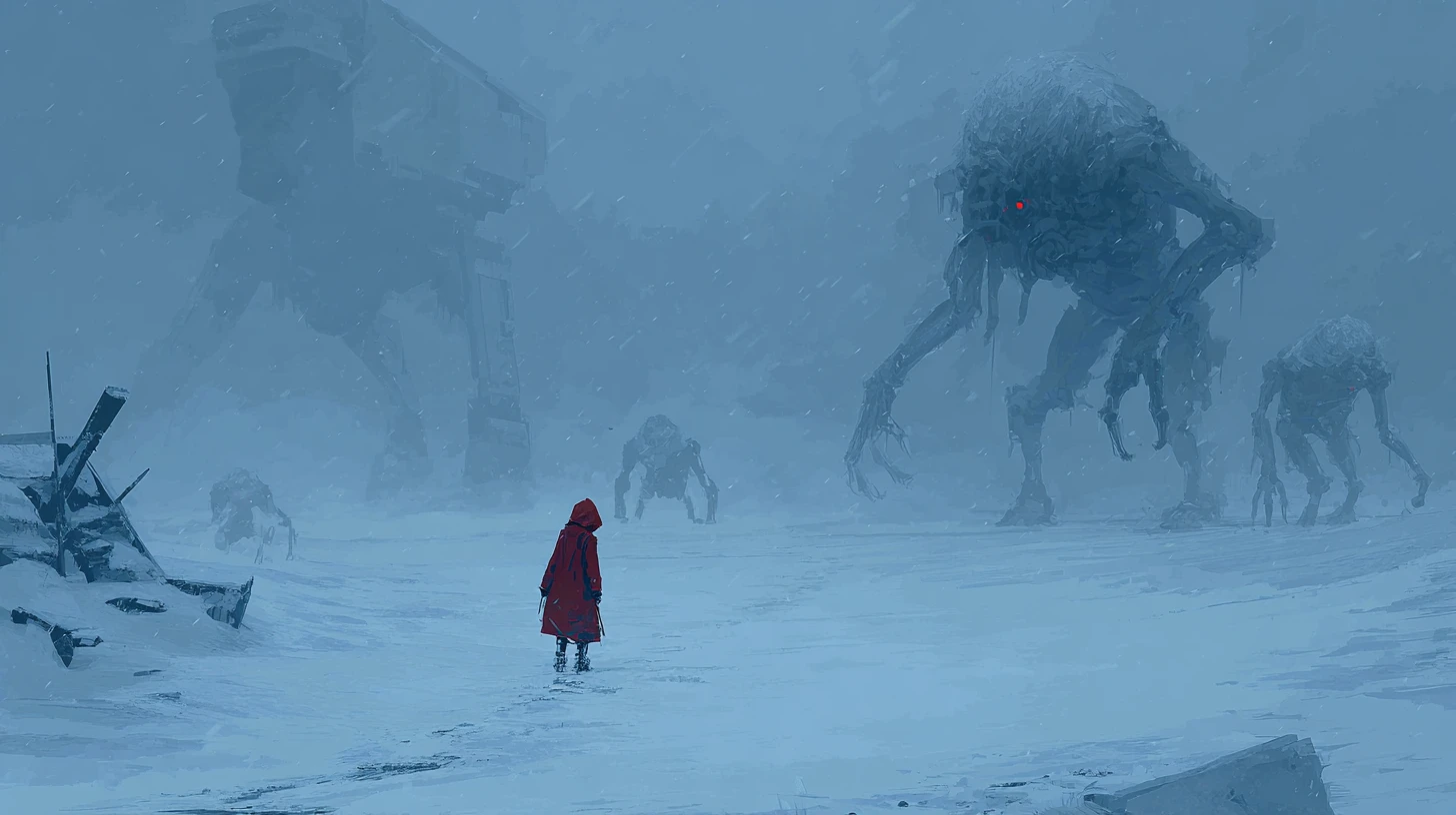 Lone hooded woman on a desolate snow covered alien world