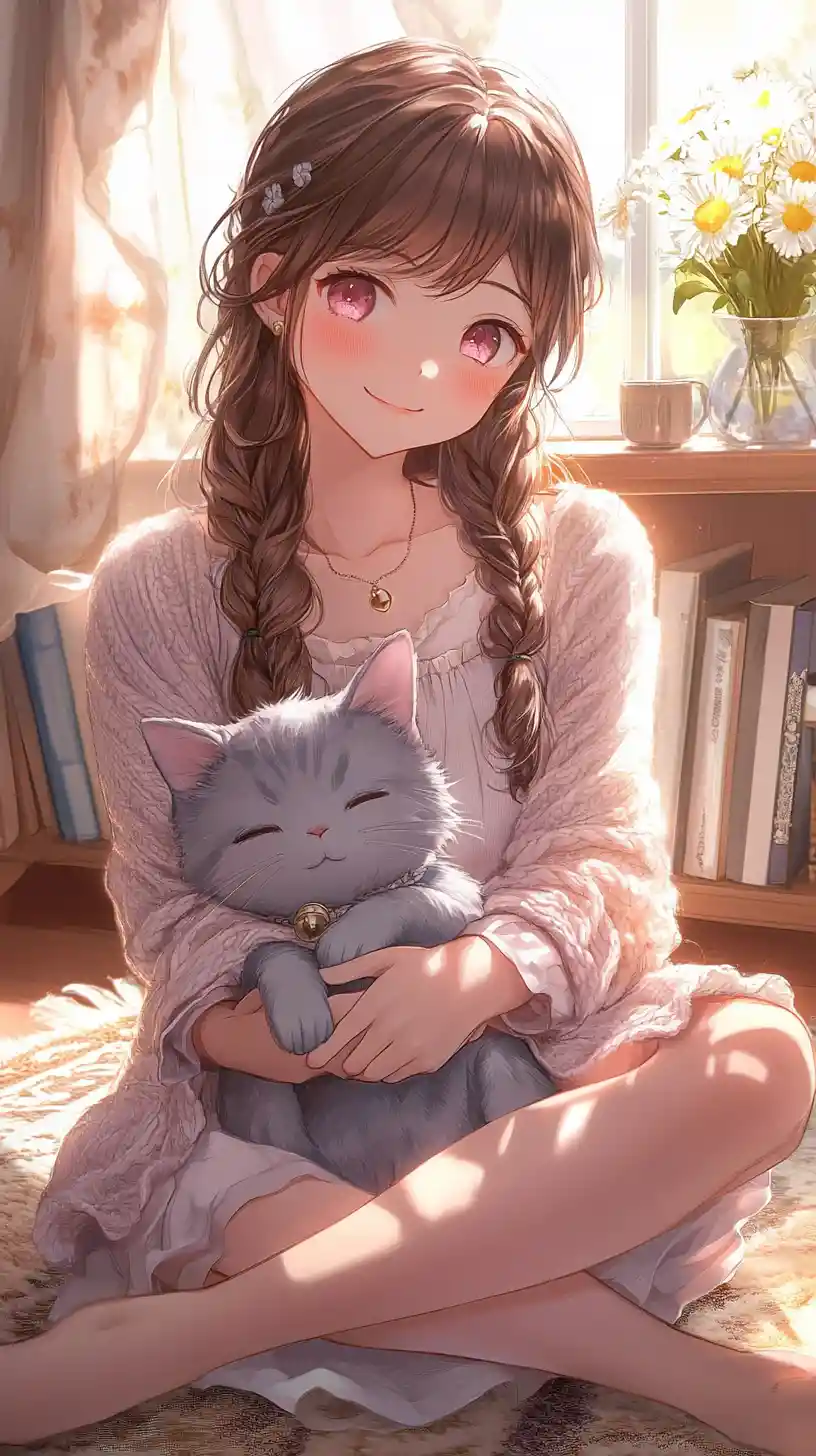 Anime girl relaxing with cat plush on a cozy rug
