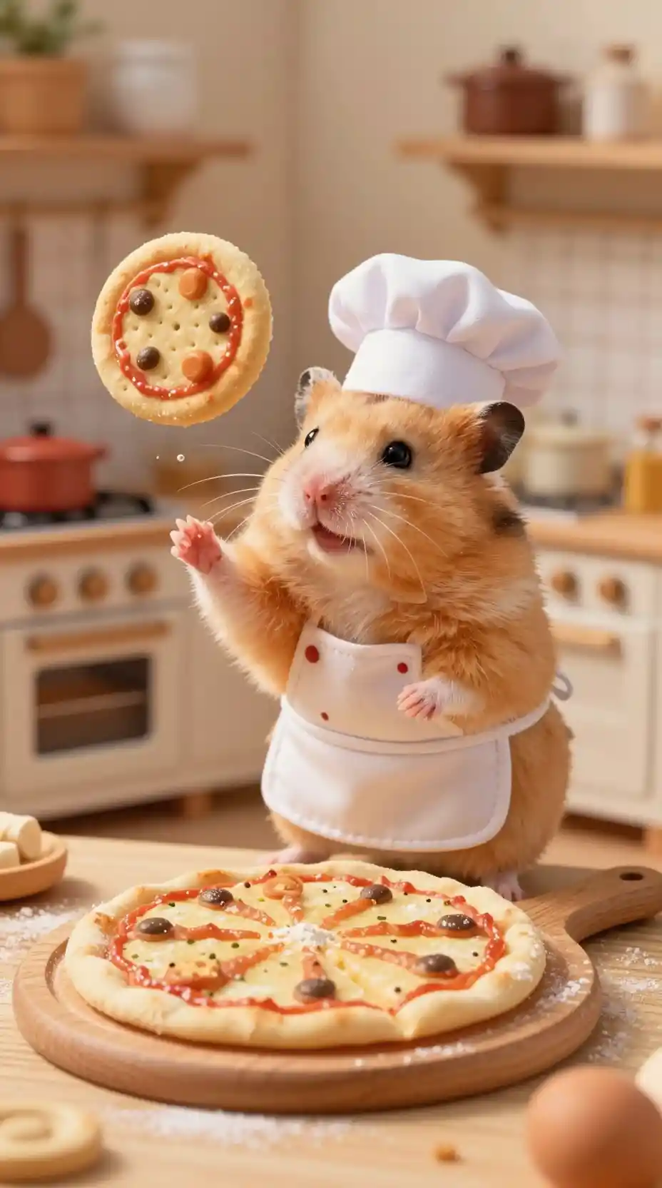 Cute dwarf hamster chef tossing tiny pizza dough