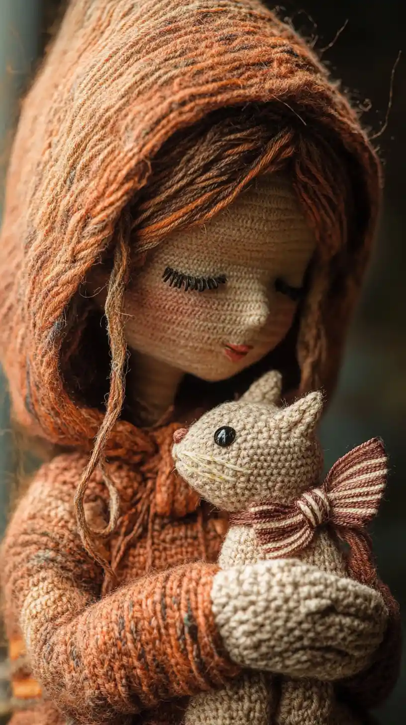 Knitted woman holding yarn cat and fish in cozy scene