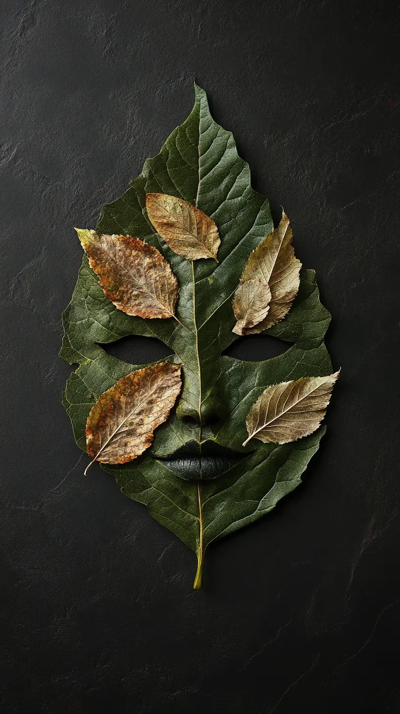 Surreal Leaf Face Portrait On Black Background