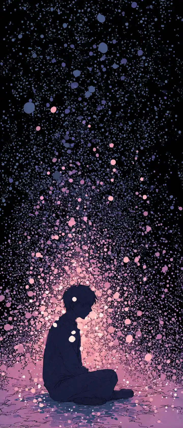 Teenage boy dissolving into drifting dots in darkness