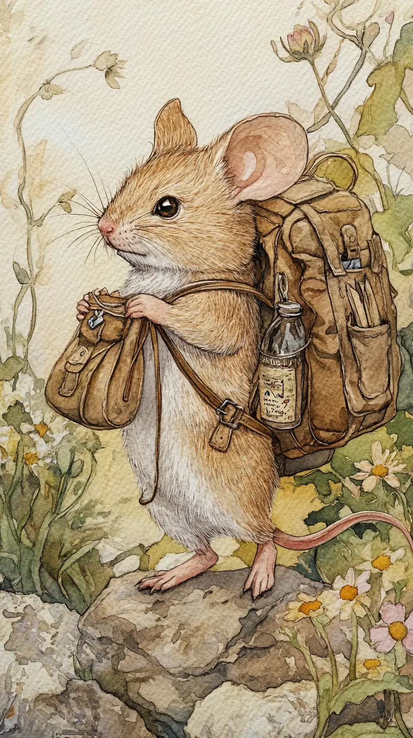 Watercolor mouse traveler walking through rustic countryside
