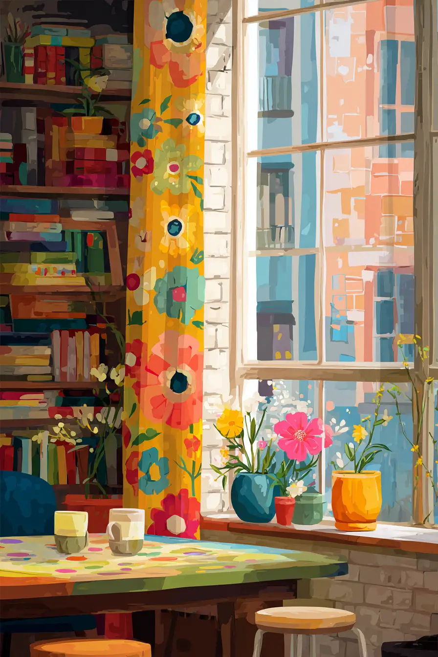Cozy folk art loft interior with large bright window